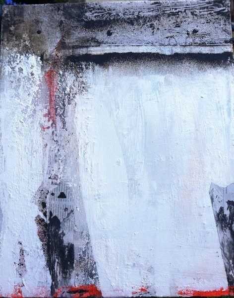 Upright abstract painting, mostly white and heavily textured: a dark band across the top, traces of red at the left, a dark field with pasted newspaper at the lower left, and a red strip along the bottom edge