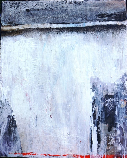 Upright abstract painting: a large white, palette-knifed field fills the picture, a grey-black band above it, a dark collage of paper and paint at the right, and a red strip below