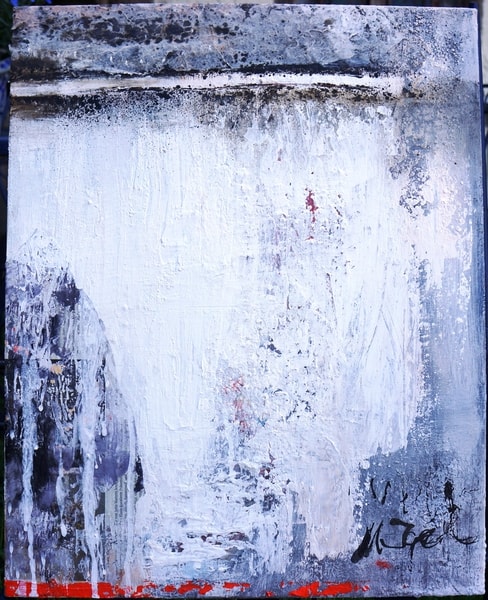 Upright abstract painting: white paint laid on roughly across the whole surface, a dark band above, a violet-grey passage with pasted paper at the left, a red strip below, and the signature at the lower right