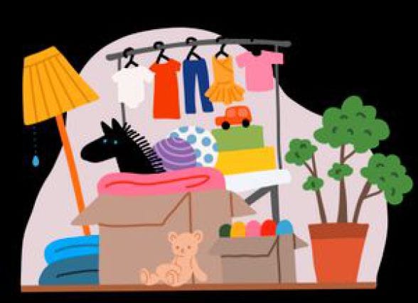 A colourful illustration of a flea market: a clothes rail hung with a shirt, dresses and trousers, an open cardboard box of blankets, balls and a teddy bear in front of it, a yellow standard lamp at the left and a potted plant at the right