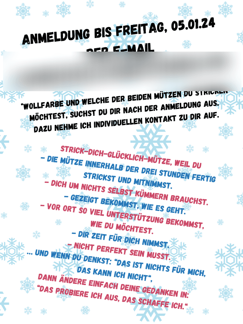 The second page of the same poster, on white with pale blue snowflakes: “Registration by Friday 05.01.24 by email” — the address itself has been obscured — and below it a list of why the course is worth it, ending by turning “I can’t do that” into “I’ll give it a try, I can manage that”