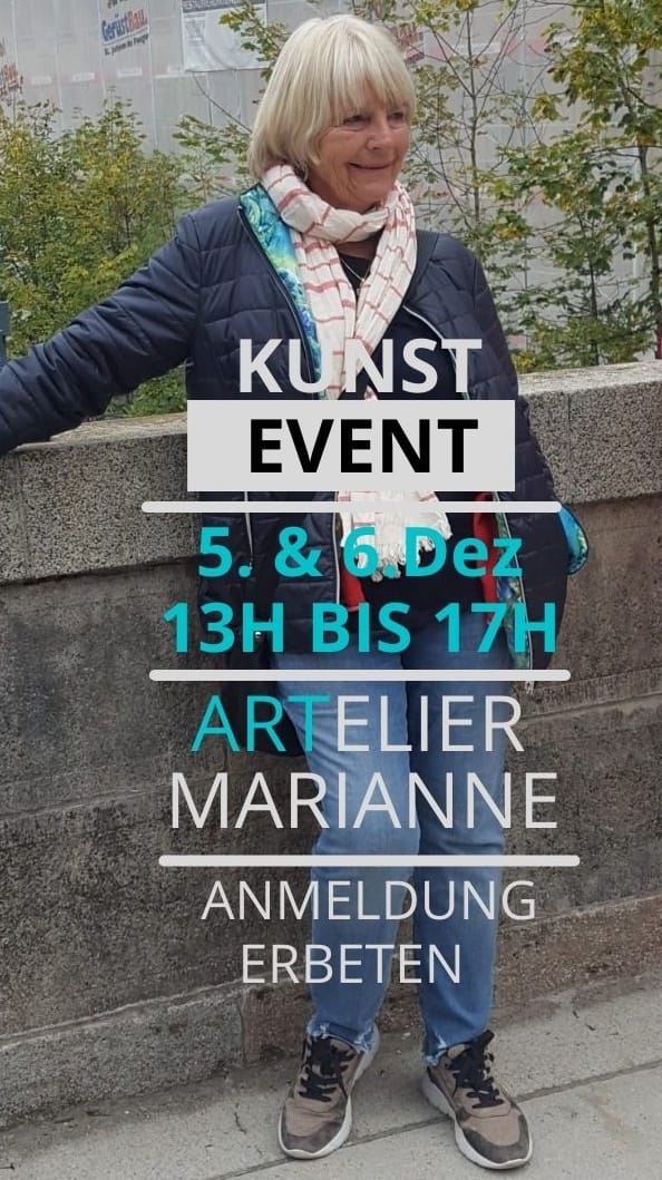 An announcement over a photograph of Marianne Igel leaning against a wall in a navy quilted jacket and a red-patterned scarf: “Kunst Event, 5 & 6 Dec, 1 pm to 5 pm, Artelier Marianne, please register”