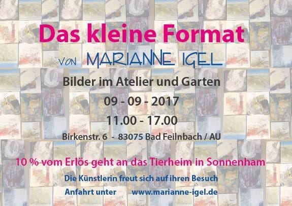 Invitation to “Das kleine Format von Marianne Igel — pictures in the studio and garden” on 09-09-2017 from 11 am to 5 pm, Birkenstr. 6, Bad Feilnbach/Au; the ground is a grid of many small pale pictures, and in red below it says that 10 per cent of the proceeds go to the animal shelter in Sonnenham