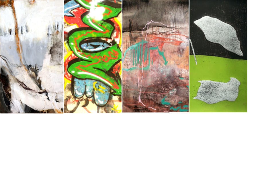 Four upright works side by side: one in white and ochre, one in brilliant green and red like a graffito, one in brown with turquoise lines, and one split between black and grass green with two pale speckled forms