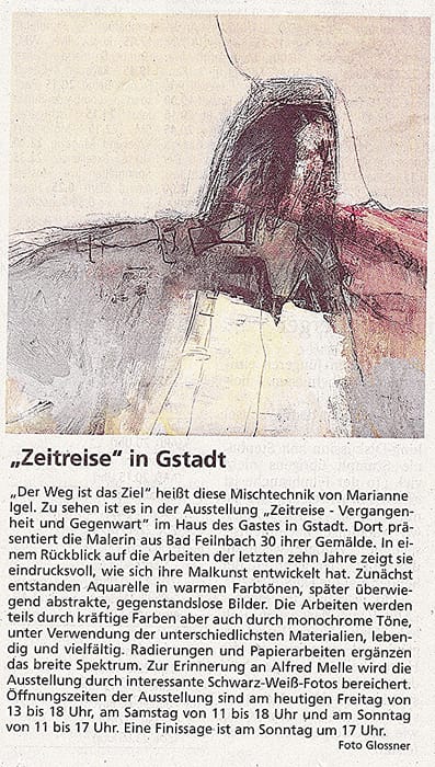 A newspaper cutting headed “Zeitreise” in Gstadt: above, a reproduction of the mixed-media work “Der Weg ist das Ziel” in red, black and grey; below, a report on the exhibition at the Haus des Gastes naming thirty paintings, watercolours, etchings and works on paper and remembering Alfred Melle; the corner carries the credit “Foto Glossner”