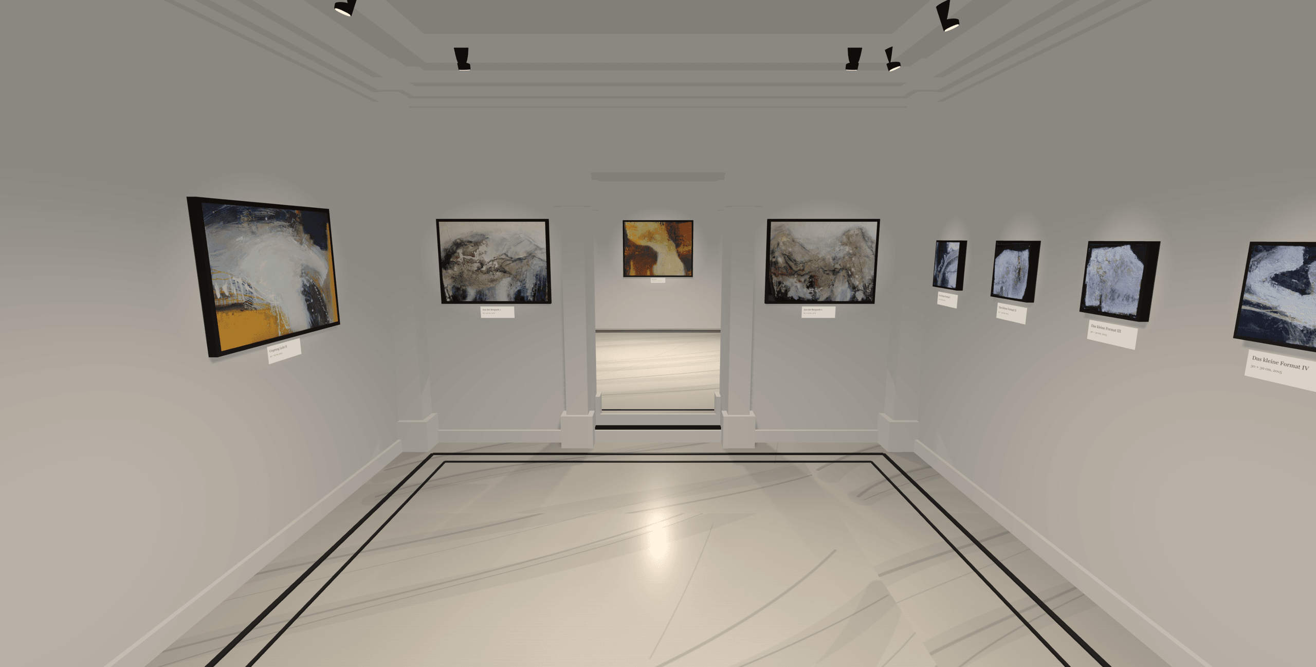 View into Marianne Igel's virtual gallery with white walls, a marble floor and framed abstract paintings