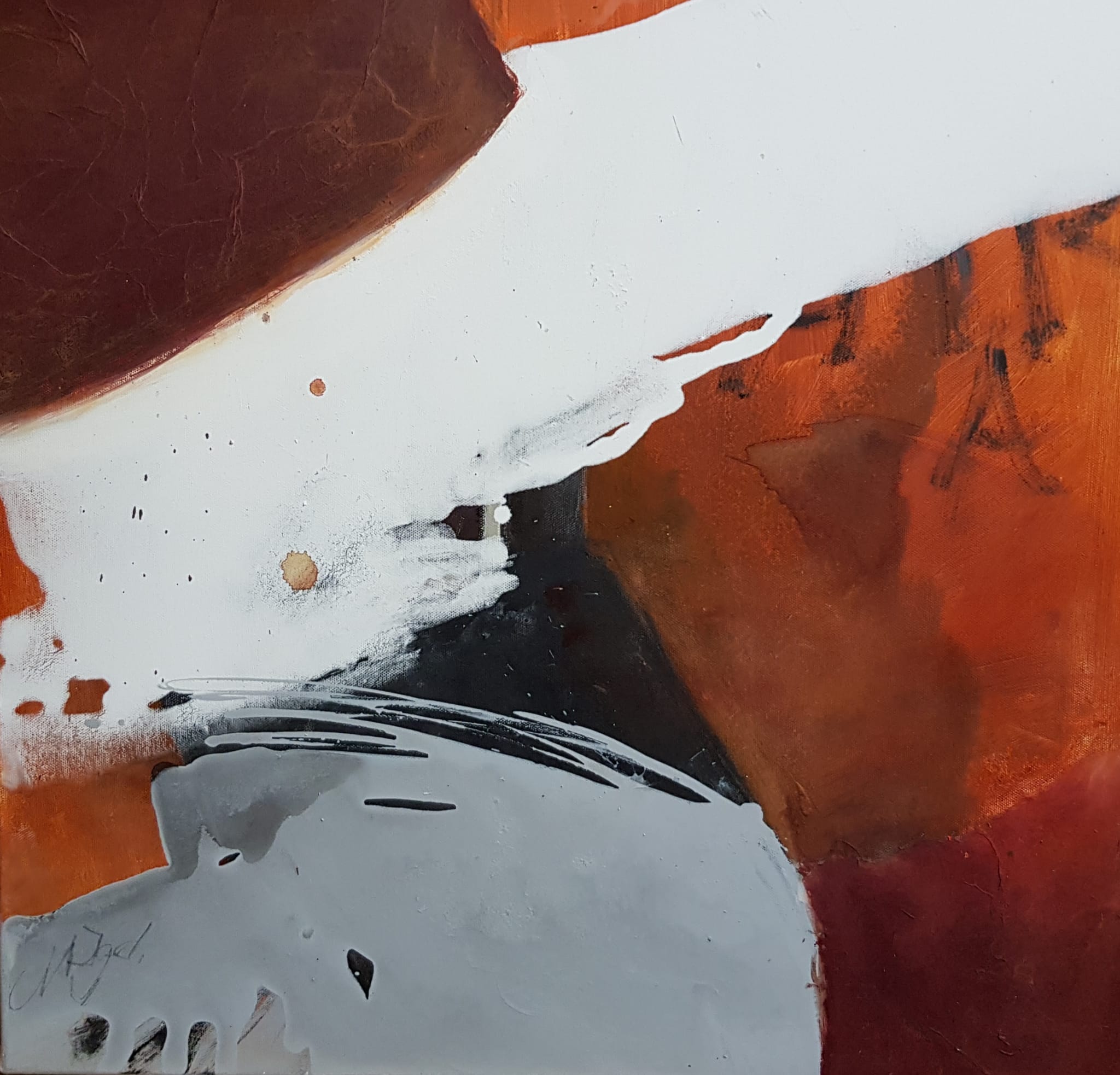 Abstract painting in oxide red and orange with a white field and black strokes