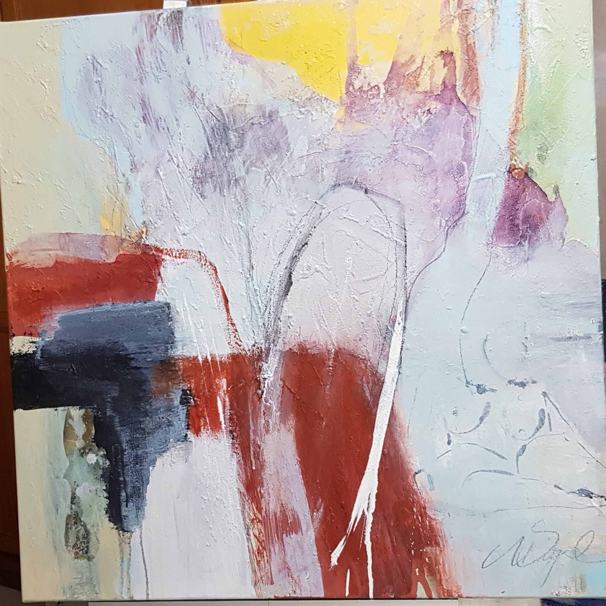 Abstract painting in thick impasto in oxide red, slate grey, yellow and purple